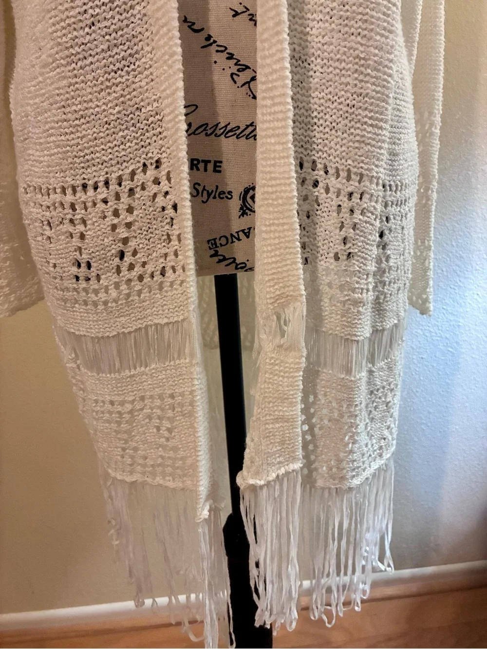 Michael Kors White Open-Front Crochet Fringe Cardigan